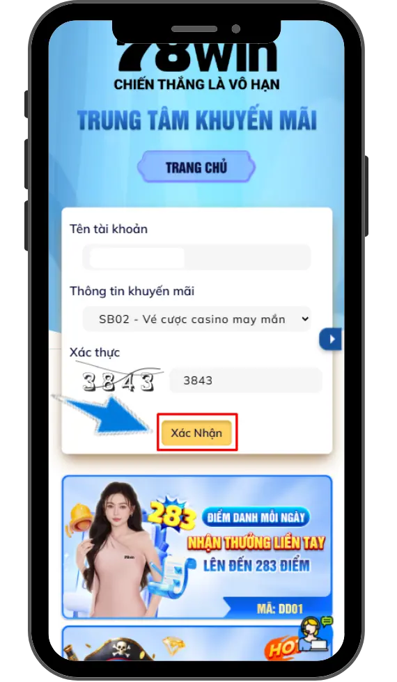 Bước 4 : Nhập Tên Đăng Nhập => chọn Khuyến Mãi SB02=>Nhập mã xác thực => Hệ thống sẽ xét duyệt tự động